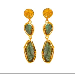 NWT Artisan Made Yellow Gold Tone & Green Crystal Earrings